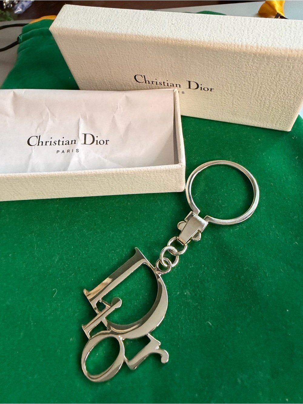 Christian Dior Silver Ligo Bag Charm Keychain w/ Box 3.5”